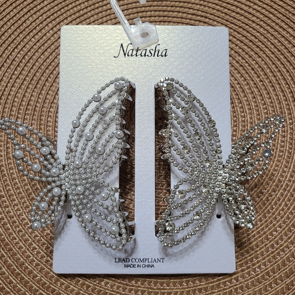 Natasha Couture Metallic Silver Faux Pearls Crystals Butterfly Hair Clip Set